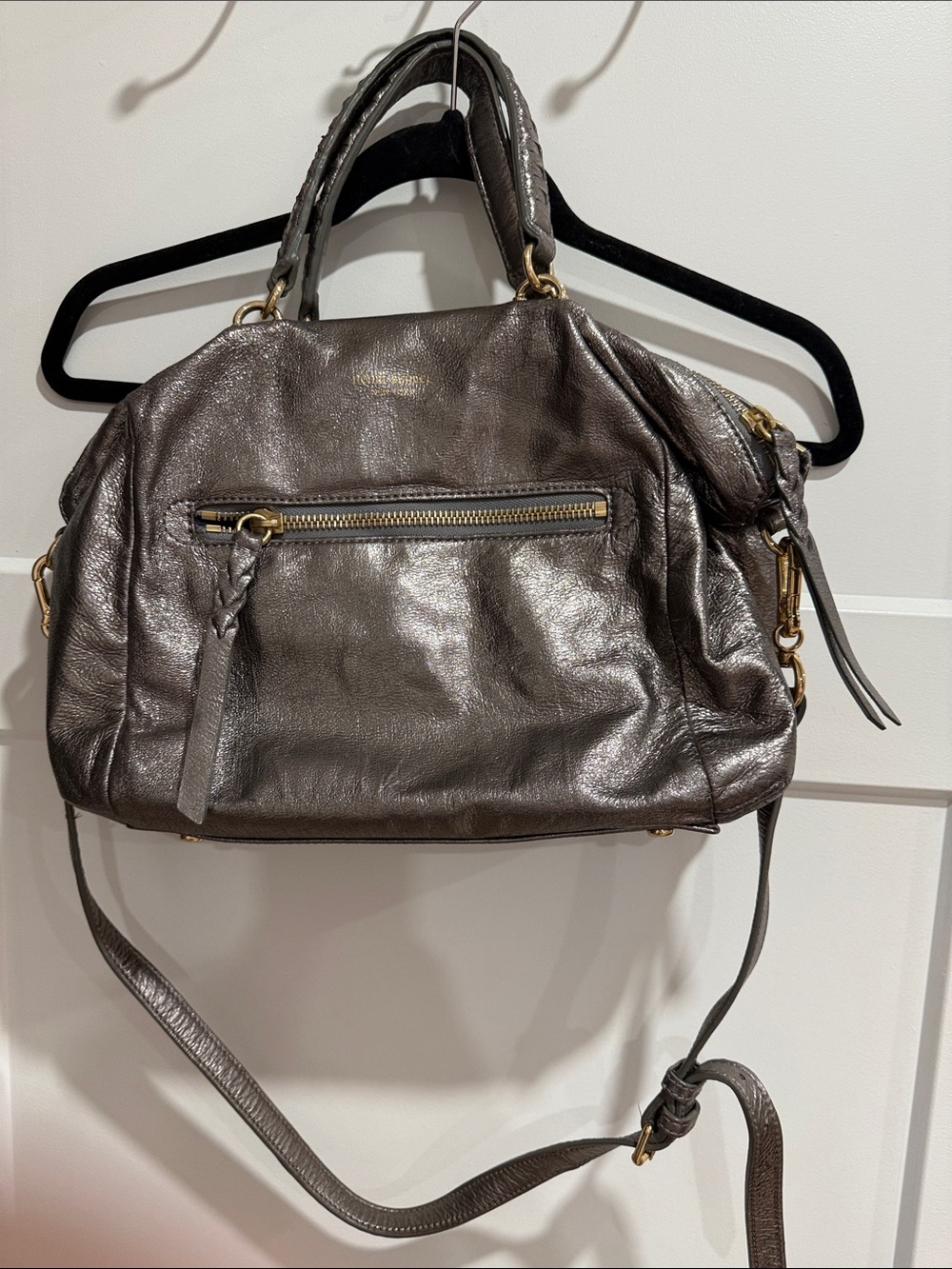 henri bendel Metallic Gray Leather Satchel with Gold Hardware